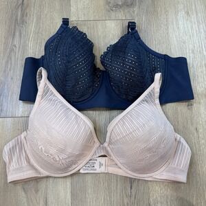 ThirdLove Bra Bundle 42B Navy Eyelet Balconette & Taupe Everyday Lace Plunge EUC